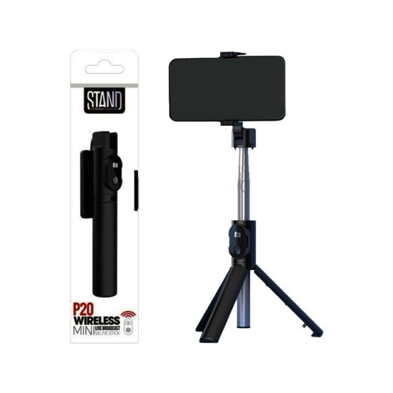 Mini Selfie Stick P20 com tripé e controle remoto sem fio para IOS/Android Preto